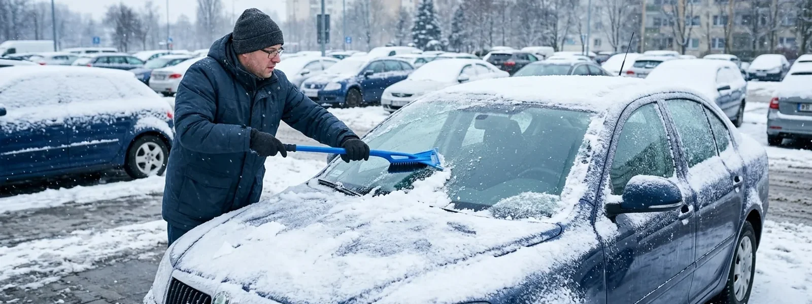 Kierowca odsniezia samochod na zasniezonym parkingu zima
