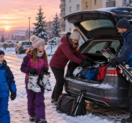 Rodzina z dziećmi pakuje narty i sanki do bagażnika samochodu przed blokiem w zimowy poranek